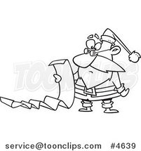Cartoon Black and White Line Drawing of Santa Reading a Long List by Toonaday