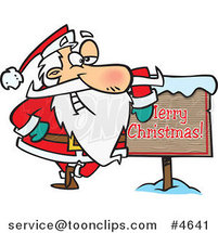 Cartoon Santa Leaning Against a Merry Christmas Sign by Toonaday