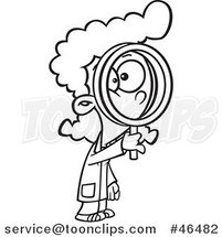 Cartoon Black and White Scientist Girl Looking Through a Magnifying Glass by Toonaday