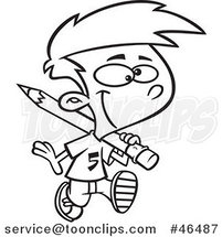 Cartoon Black and White School Boy Hauling a Giant Pencil on His Shoulder by Toonaday
