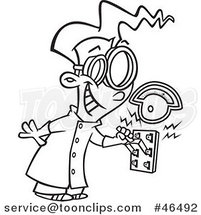 Cartoon Black and White Mad Scientist Boy Pulling an Electric Switch by Toonaday