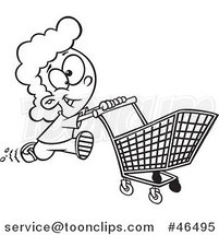 Cartoon Black and White Fast Girl Running with a Shopping Cart by Toonaday