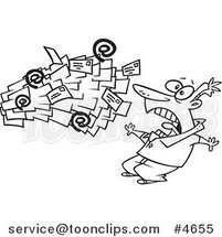 Cartoon Black and White Line Drawing of Spam Mail Shooting Towards a Guy by Toonaday