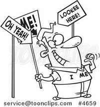 Cartoon Black and White Line Drawing of a Guy with an Ego Holding Signs by Toonaday