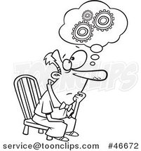 Cartoon Black and White Gear Head Guy Sitting and Thinking by Toonaday