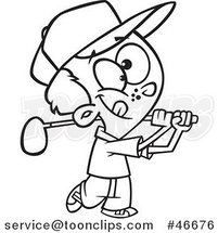 Cartoon Black and White Boy Swinging a Golf Club by Toonaday