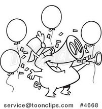 Cartoon Black and White Line Drawing of a Celebrating New Year Pig by Toonaday