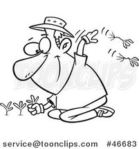 Cartoon Black and White Happy Guy Pulling Weeds by Toonaday