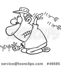 Cartoon Black and White Mad Guy Pulling Weeds by Toonaday