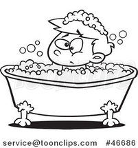 Cartoon Black and White Grumpy Boy in a Bubble Bath by Toonaday