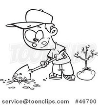 Cartoon Black and White Boy Digging a Hole to Plant a Tree on Arbor Day by Toonaday