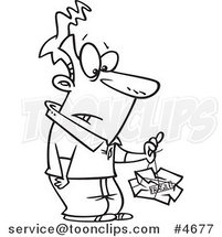 Cartoon Black and White Line Drawing of a Guy Lifting a Crushed Fragile Parcel by Toonaday