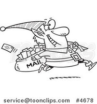 Cartoon Black and White Line Drawing of a Christmas Elf Delivering Santa Mail by Toonaday