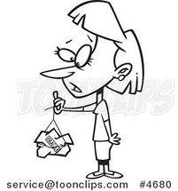 Cartoon Black and White Line Drawing of a Lady Holding a Trashed Fragile Package by Toonaday