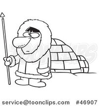 Black and White Cartoon Eskimo Hunter Guy by an Igloo by Toonaday