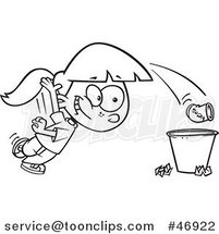 Black and White Cartoon Girl Tossing Garbage in the Trash by Toonaday