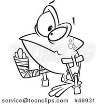 Black and White Cartoon Lame Injured Frog with Crutches by Toonaday