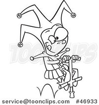 Black and White Cartoon Boy Joker on a Pogo Stick by Toonaday