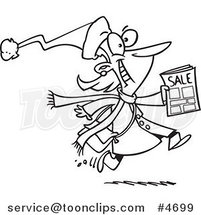 Cartoon Black and White Line Drawing of an Excited Black Friday Shopper Running with a Sale Ad by Toonaday