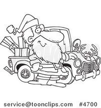 Cartoon Black and White Line Drawing of Santa Standing by His Redneck Truck by Toonaday