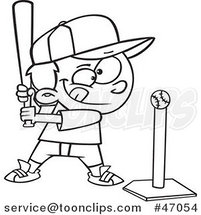 Black and White Cartoon Focused Boy Batting a Tee Ball by Toonaday