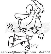 Black and White Cartoon Happy Guy Strolling and Listening to Music by Toonaday