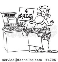 Cartoon Black and White Line Drawing of a Guy Holding a for Sale Sign at His Register by Toonaday