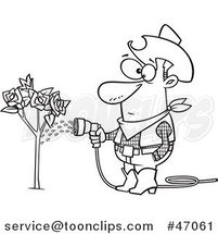 Cartoon Black and White Cowboy Guy Watering a Rose Bush by Toonaday