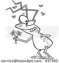 Cartoon Black and White Romantic Bug Holding out Flowers by Toonaday