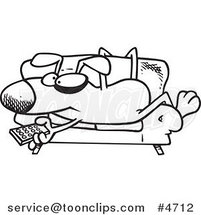 Cartoon Black and White Line Drawing of a Dog Holding a Remote Control and Resting on a Couch by Toonaday