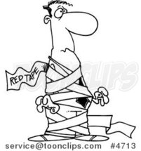 Cartoon Black and White Line Drawing of a Business Man Tied up in Red Tape by Toonaday