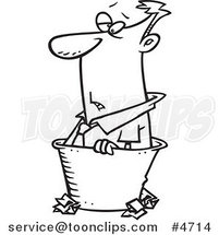 Cartoon Black and White Line Drawing of a Rejected Business Man in a Bin by Toonaday