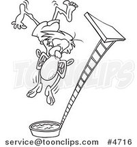 Cartoon Black and White Line Drawing of a Regretful Guy Falling from a High Dive by Toonaday