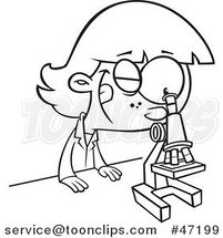 Cartoon Black and White Girl Peeking Through a Microscope by Toonaday