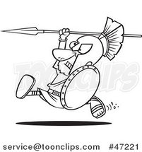 Black and White Cartoon Spartan Warrior Running with a Spear and Shield by Toonaday
