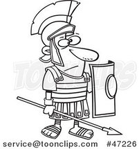 Black and White Cartoon Roman Soldier Standing with a Spear and Shield by Toonaday