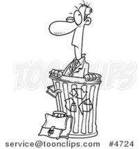 Cartoon Black and White Line Drawing of a Recycled Business Man in a Bin by Toonaday