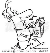 Cartoon Black and White Line Drawing of a Whistling Guy Carrying a Carton to a Recycle Center by Toonaday