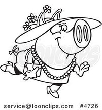 Cartoon Black and White Line Drawing of a Stylish Pig Wearing a Hat by Toonaday