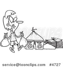 Cartoon Black and White Line Drawing of a Lady Carrying Bags to a Recycle Center by Toonaday