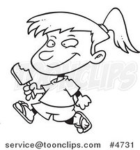 Cartoon Black and White Line Drawing of a Girl Eating a Refreshing Popsicle by Toonaday