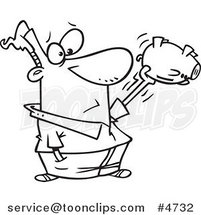 Cartoon Black and White Line Drawing of a Guy Shaking His Empty Piggy Bank by Toonaday