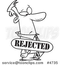 Cartoon Black and White Line Drawing of a Rejected Business Man by Toonaday