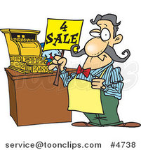 Cartoon Guy Holding a for Sale Sign at His Register by Toonaday