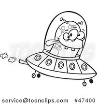 Cartoon Black and White Alien Flying a UFO by Toonaday