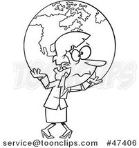 Cartoon Black and White Business Woman Carrying Earth As a Burden by Toonaday