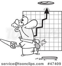 Cartoon Black and White Business Man Cutting a Hole in the Ceiling for a Growth Chart by Toonaday