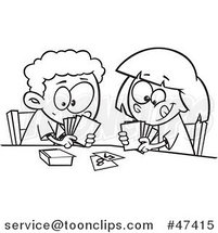 Cartoon Black and White Boy and Girl Playing a Go Fish Card Game by Toonaday