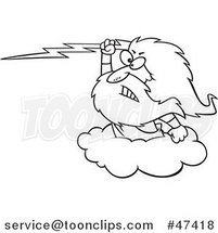 Cartoon Black and White Zeus Holding a Lightning Bolt on a Cloud by Toonaday