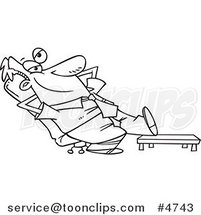 Cartoon Black and White Line Drawing of a Business Man Relaxing with His Feet up by Toonaday